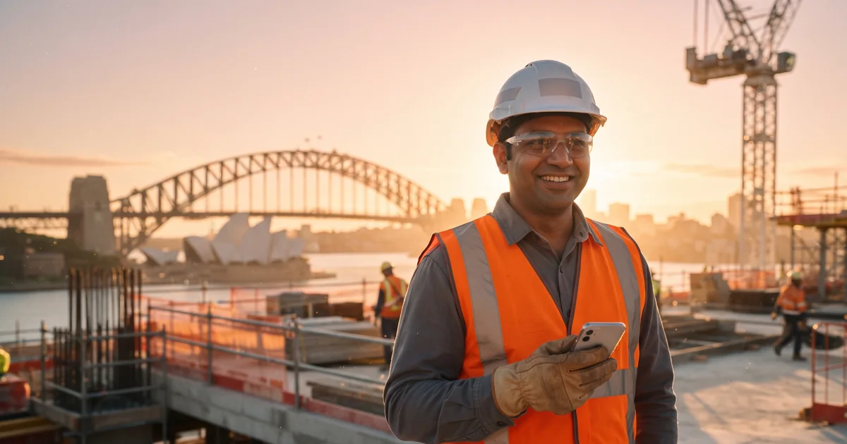 Skilled migrant construction worker in hi-vis vest and hard hat on a Sydney worksite at sunrise, with the Harbour Bridge and Opera House behind